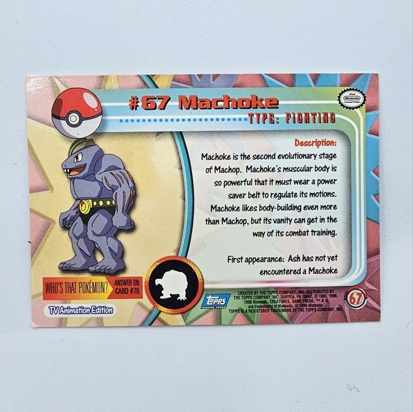 Pokemon 1999 TOPPS Machoke #67 Blue Logo TV Animation Edition Card - Picture 4 of 4